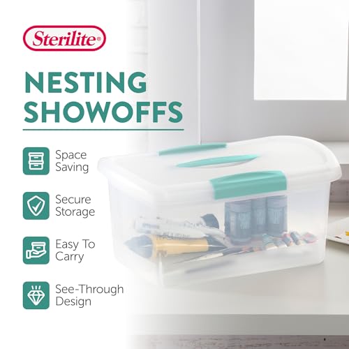 Sterilite Medium Nesting ShowOffs, Stackable Small Storage Bin with Latching Lid and Handle, Plastic Container to Organize Home, Clear, 30-Pack - size: Medium, style: 30-Pack