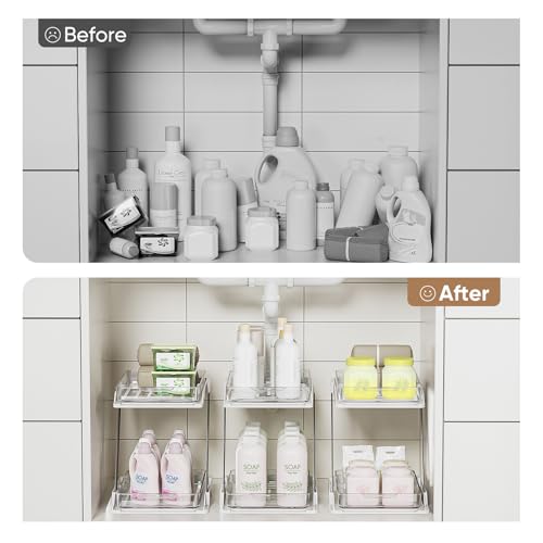2 Pack Bathroom Organizers and Storage - Multi-Purpose,2-Tier Clear Pull Out Organization for Bathroom,Under Sink,Kitchen,Vanity,Countertop,Cabinet,Pantry & Medicine Cabinet,White