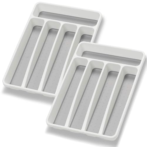 Loyareal Silverware Organizer 2 Pieces Utenisl Organizer Holder Kitchen Drawer Organizer Plastic Silverware Tray for Drawer Flatware Organizer 5 Compartment White - color: White, size: 5 Slots-2 Pack