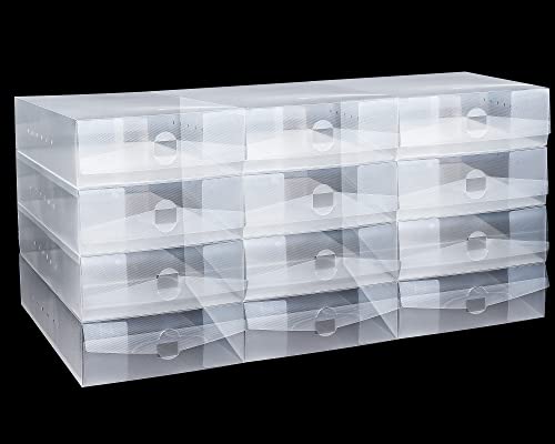 Shihanee 12 Pcs Boot Box Clear Plastic Stackable Shoe Storage Organizer Foldable Heavy Duty Shoe Containers for Closet Small Spaces Dorm Bedroom Apartments, 20.5 x 12 x 4.3 Inches - size: 20.5 x 12 x 4.3 Inches
