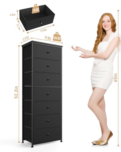 Mifuro Tall Fabric Dresser for Bedroom, Vertical Storage Organizer Tower with 7 Drawers, Chest of Drawers with Bins, Steel Frame, Wood Top for Bedroom, Closet, Entryway Black - color: Black, size: 7 Large Drawers
