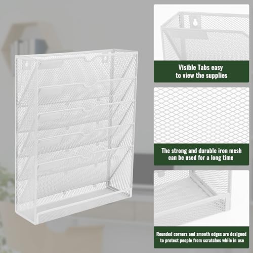 EASEPRES 6 Tier Mesh Hanging Wall File Organizer, Desk Vertical Mail Paper Document Folder Holder Rack with Bottom Tray and Nametag Label for Office Home School, White - color: White, size: 6 Tier