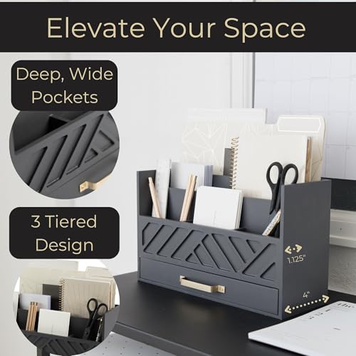 BLU MONACO | Wooden Mail Organizer with Drawer Gold Handle | Mail Sorter Organizer Countertop and Outgoing Mail Holder | Tabletop Organizer with Drawers Grey Desk Storage - color: Grey