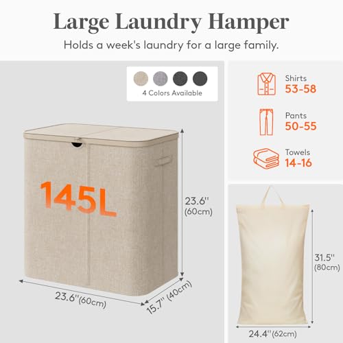 Lifewit 145L Large Laundry Basket with Lid, Laundry Hamper with Plastic Handles and Removable Bag, Foldable Tall Dirty Clothes Hampers for Laundry for Laundry Room, Bedroom, Bathroom, Dorm, Beige - color: Beige, size: 145L