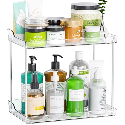 Yieach Clear Acrylic Bathroom Counter Organizers and Storage Tray, 2 Tier Makeup,Perfume,Skincare Organizer Shelf & Vanity Storage for Bedroom and Counter Top Spice Racks for Kitchen Corner,Rectangle - size: 2 Tier-Rectangular