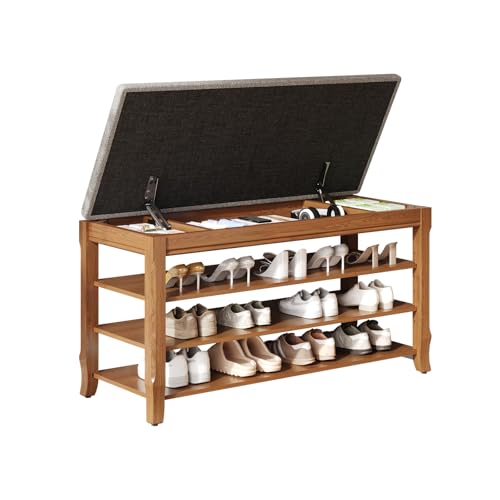 Solid Wood Shoe Bench with Storage, Flip-Top Soft-Close Lid, Adjustable Shelves, Cushioned Entryway Shoe Rack Organizer, 23.6"