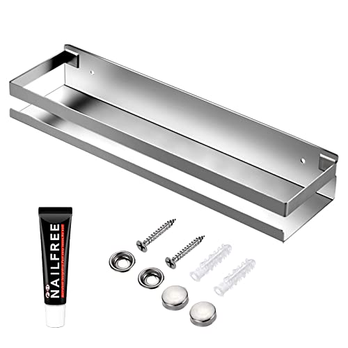 Rustproof Metal Storage Floating Shelves Wall Mounted Rectangular Shelf for Bedroom,Bathroom, Living Room, Kitchen, and Laundry Room,Nail-Free Wall-Mounted Shelves（15.75 Inch Silver） - color: Silver, size: 15.75in（40cm)