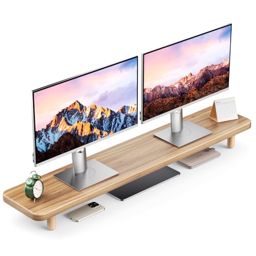Dual Monitor Stand Riser, 39 Inch Extra Long Wooden Desktop Monitor Riser with Storage for 2 Monitors Ultra Strong Desk Shelf Organizer Riser Ergonomic for 2 Screens/Laptop/PC/TV/Printer (Light Walnut, 39inches) - color: Light Walnut