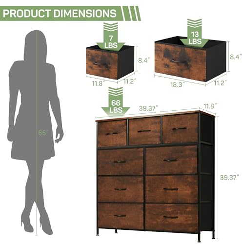 Dresser for Bedroom, 9 Storage Drawers, Anti-Tip Tall Fabric Closet Chests Organizer Tower Furniture with Wooden Top Metal Frame for Clothes, Living Room, Hallway, Entryway