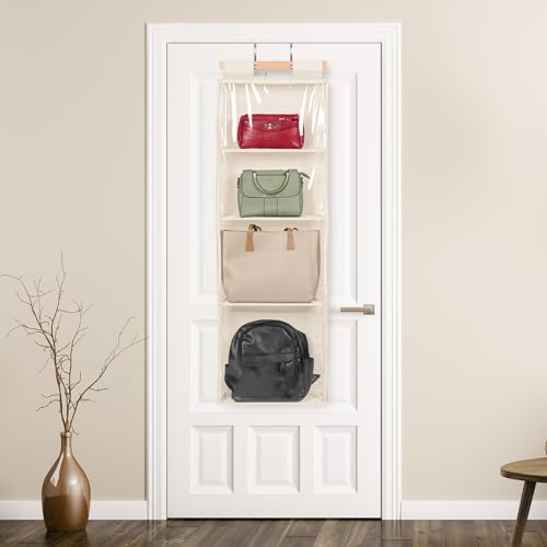 Syeeiex Over The Door Purse Organizer with Zippers, 4 Mesh Shelves,Clear Slubbed Fabric+PVC Hanging Closet Bag Organizer, Dustproof Handbag Closet Tote Storage Bag for Door, Wardrobe, Beige - color: Beige-4 Shelves