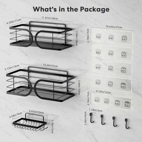 Shower Caddy 3 Pack Adhesive 304 Stainless Steel Shelves No Drill Durable Large Capacity Shower Rack Organizer Soap Holder Quick Dry Rustproof Bathroom Storage(Black) - color: Black, size: 3 Pack