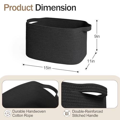 MEGASKET Black Woven Storage Basket - 15"x9"x11" Cotton Rope Basket for Organizing Shoes, Toys, Books, Towels, Rectangular Decorative Dog Toy Bin Box, Wicker Storage Bin for Entryway, Shelf, Gift Use - color: Black
