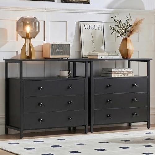 Edbuosy 3 Wooden Drawers Nightstand, 27 Inch Wide Night Stand Set 2 with Charging Station and Adjustable Drawers, Small Dresser for Closet, Bedside Table for Living Room/Bedroom/Office, Black. - color: 2 Pack, Black, size: 3 Drawers
