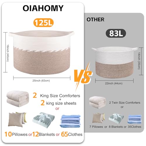 OIAHOMY 125L Extra Large Blanket Basket, 25" x 16", Jumbo Laundry Hamper, Cotton Rope Basket with Handles for Living Room,Baby Toy Storage Bins, Brown - color: Brown, size: 25" x 25" x 16"
