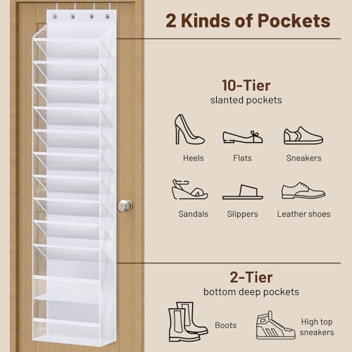 MISSLO 12 Tier Over the Door Shoe Organizer Large Capacity Hanging Shoe Rack for Closet Storage Narrow Sneaker Holder for Door Fit 24 Pairs Sandals, Heels, Boots (White) - color: White, size: 12 Tier/Large pocket