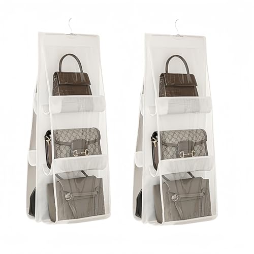 HAN SHENG 6 Pockets Clear Handbag & Purse Organizer Hanging Bag Storage - Space Saving Hanging Shelf for Closet, Wardrobe, Over Door (2 Pack, White) - color: White, size: 6 Pockets-2pcs