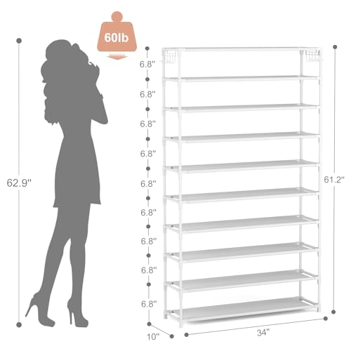 LANTEFUL 10 Tiers Shoe Rack 50 Pairs Large Capacity Tall Shoe Organizer Sturdy Shoe Storage with Two Hooks Space Saving Metal Wide Shoe Rack for Closet, Entryway, Bedroom, White - color: White, size: 10 Tier-61.2" High-34" Wide