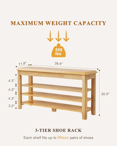 IUNVR Shoe Rack Bench Seat Rubberwood 3-Tier Wooden Storage Bench 550lbs Compact Mid-Century Modern Design for Entryway, Hallway, Closet, Front Door Entrance, Foyer - color: Natural-3 Tier(wood), size: 39.4"W x 11.8"D x 20.5"H