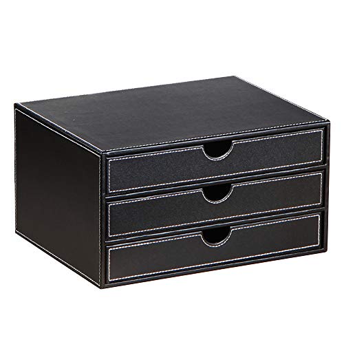 Leather Desk Organizer with 3 Drawers,Stackable Storage Box for Jewelry/Bill/Paper/Documents/Makeup Home Decor Accessories - color: black