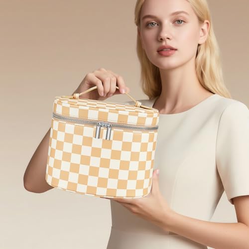 Makeup Bag Vanity Case Cosmetic Bag with Removable Divider Travel Toiletry Bag for Women Portable Make up Box Organizer, Beige and White - color: Beige and White