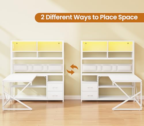 SEDETA L Shaped Gaming Desk, Home Office Computer Desk with 2 Drawer and Bookshelf, L Shaped Gaming Corner Desk with LED Light, Glass Cabinet,Storage Bag and Storage Shelves, White - color: White