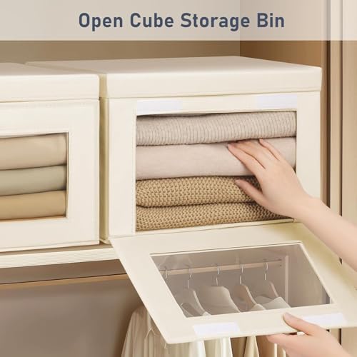 DIMJ Storage Bins with Lids - 4 Pack Large Fabric Closet Organizer with Window & Handles, Collapsible Decorative Storage Boxes for Shelves Under Bed, Books Clothes Blankets Sweaters Organization - color: Beige, size: Small-4 Pack