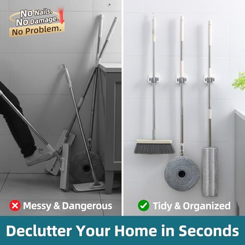 TAILI Mop and Broom Holder Wall Mount Grippers, 3 Hangers and 8 Adhesive Strips, Damage Free Hanging Wall Mount, Household Cleaning Organizer for Organization and Storage, Holds up to 4 lbs, Grey - color: Grey, size: 3 Pack