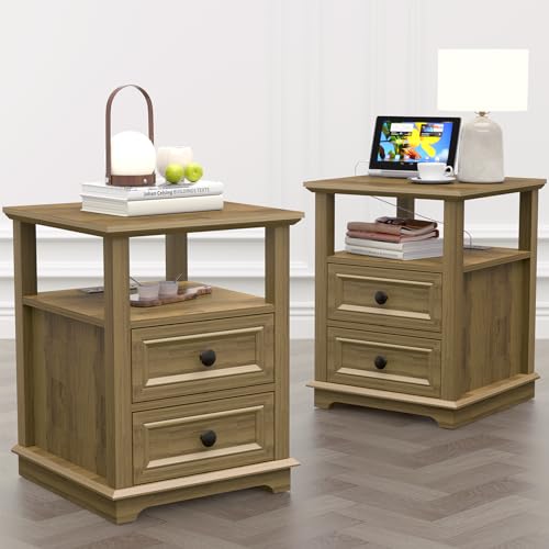 REDAYFUR 18" Wide End Table with Charging Station Set of 2, Fast Charge End Table Set of 2, Large 18” Bedside Table with Drawers, Storage Cabinet with Open Shelf for Bedroom, Natural - color: Light Brown, size: 1 Set