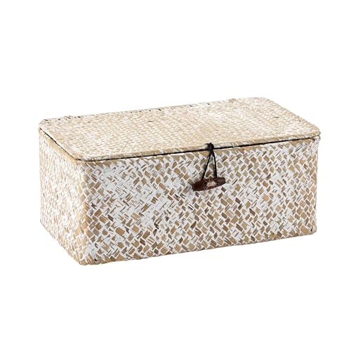 Hipiwe Wicker Shelf Baskets with Lid, Woven Seagrass Storage Basket Bin Rectangular Household Basket Boxes for Shelf Home Organizer and Decor, Whitewash X-Small - color: Whitewash, size: X-Small