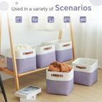 FinishingBo Cube Storage Baskets 6 Pack, 11x11 inch Cube Storage Bins with Leather Handles for Shelf Closet (White/ Purple) - color: White/ Purple