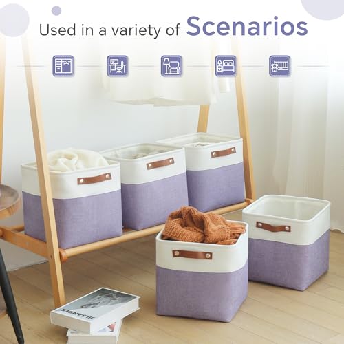 FinishingBo Cube Storage Baskets 6 Pack, 11x11 inch Cube Storage Bins with Leather Handles for Shelf Closet (White/ Purple) - color: White/ Purple