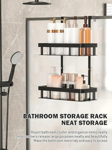Over Door Shower Caddy, Black Rustproof Bathroom Organizer, 2-Tier Storage Rack, 11.81x5.31 Inch Shelves, No Drilling Required