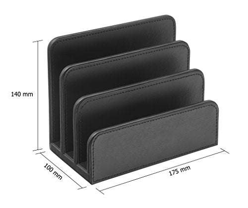 OSCO Black Faux Leather Letter Holder | Mail Sorter | Post Rack | Envelope Organiser | Document Stand | Desk File Storage | Display Slots | H14 x W17.5 D10 cm | - color: Black