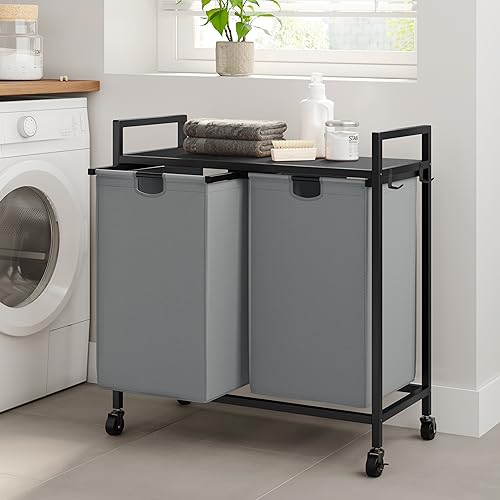 WOWLIVE Double Laundry Hamper with Lid,Rolling Laundry Basket Organizer with Wheels, Iron-Made Laundry Sorter with Top Shelf and 2 Removable Bags,Large Clothes Storage for Room,Gray - color: Gray, size: 110L (30.0 x 13 x 32 Inches)