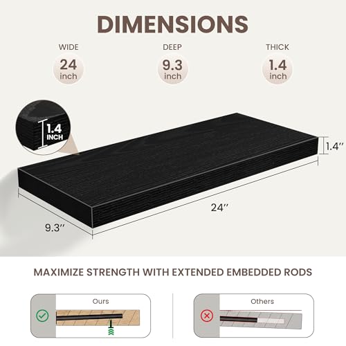 Acovy 24 Inch Floating Shelves for Wall Decor,9.3" Deep Floating Shelf Wall Book Shelves,Large Display Storage Shelf,Wall Mounted Shelves with Invisible Bracket for Living Room,Bedroom,Bathroom,Black - color: Black, size: 24 Inch,Set of 2