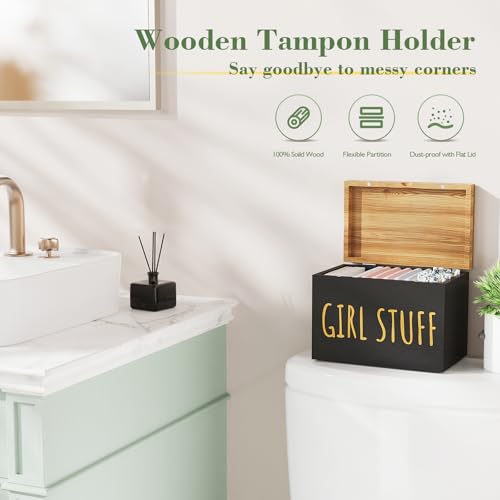 Tampon Holder for Bathroom with Hinged Lid, Feminine Product Organizer, Tampon Storage, Bathroom Period Products, Toilet Organizer, Bathroom Accessories Box for Girl Stuff (Black) - color: Black