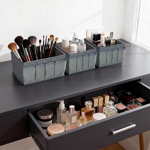 VERONLY Cosmetic Storage Bins Makeup Organizer, Adjustable Multifunction Storage Box Desk Drawer Divider for Makeup Brushes, Bathroom Countertop or Dresser, Set of 4 - style: Gray 4PC