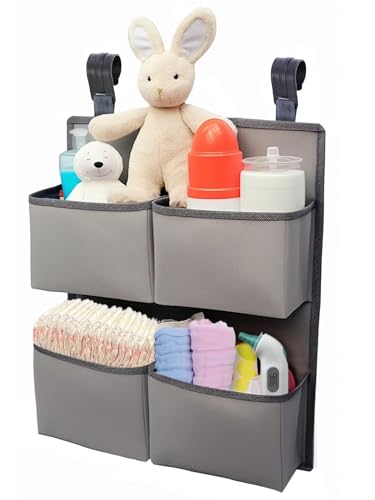 Hanging Diaper Organizer for Crib/Playpen/Bassinet/Playard – Hold 80+ Diapers - 4 Deep Pockets- Changing Table Diaper Holder Bag- Diaper Storage for Newborn Baby Essentials Stacker Caddy, Gray - color: Gray