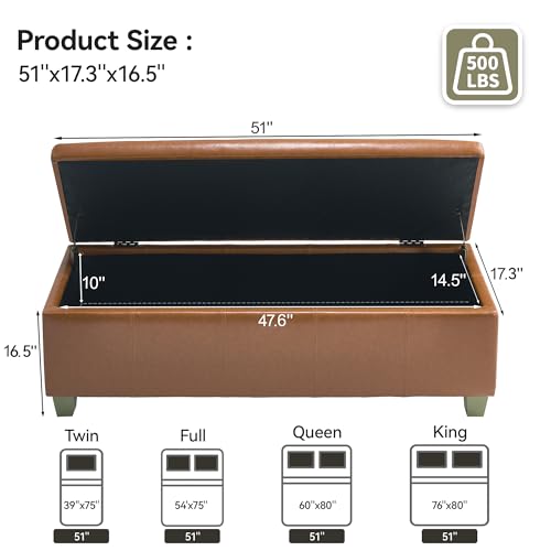 WUTUTUEE 51" Faux Leather Storage Ottoman, Stitch Tufted Rectangle Upholstered End of Bed Storage Bench, Entryway Large Couch Ottoman with Wooden Legs, Light Brown - color: Light Brown, size: 51 Inch