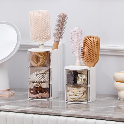 FABROK 2-Layer Clear Hair Accessories Organizer with Hair Brushes Holder, Rotatable Small Jewelry Box for Necklaces、Earring, Desktop Organizer Case for Makeup Brushes, Hair Accessories, Cotton Swab - color: White, size: 2-Layer