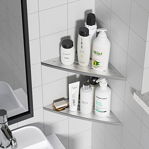 Qeke Corner Shower Shelf Brushed Nickel, 304 Stainless Steel 11.5” Recessed Corner Shelf Bathroom for Tiled Wall, Floating Shower Shelves Shampoo Holder, No Drilling, 2 Pack - color: Brushed Nickel