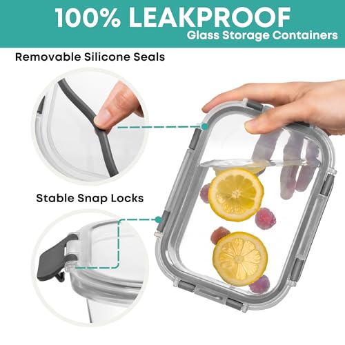 Razab 30 PC Glass Food Storage Containers with Lids - Reusable Glass Meal Prep Containers for Lunch and Leftovers - Airtight & Leakproof Snap Locking Lids - Oven, Freezer, Microwave & Dishwasher Safe - color: Gray