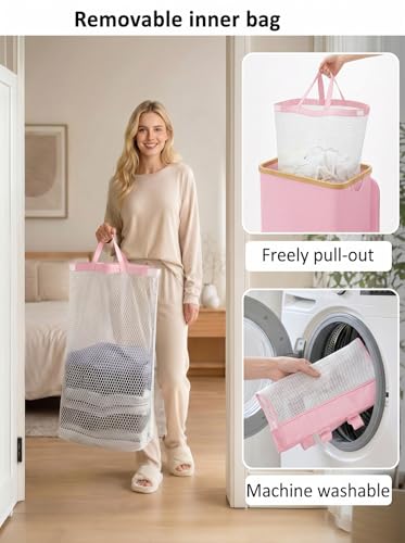 iEGrow Laundry Hamper with Lid, 110L Large Laundry Basket with Handle and Lid, Collapsible Clothes Basket Organizer with Removable Inner Bag for Clothes Towels,Pink - color: Pink, size: 110L