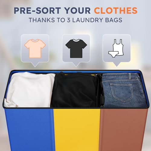 SOLEDI 180L Laundry Hamper 3 Section, Extra Large Laundry Hamper with Lid, Dirty Clothes Hamper with Sturdy Handle, Large Laundry Basket Organizer for Laundry Room, Bedroom, Hampers for Laundry - color: Blue/Yellow/Brown, size: 180L