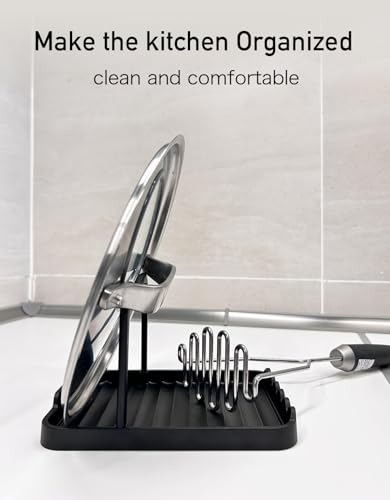 Anti-Rust Metal Spoon Rest with Lid Holder, Heat-Resistant Pot Lid Rest, Multifunctional Spatula Holder While Cooking for Stovetop and Kitchen Counter – Black - color: Black