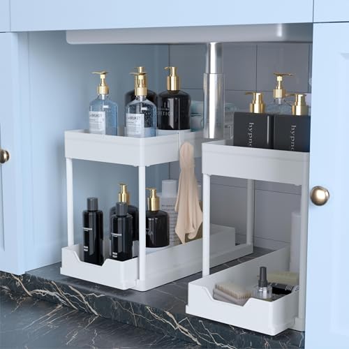 Under Sink Organizer - 2 Pack | Pull out Bathroom Organizer | 2 Tier Slide out Bathroom/Kitchen Organizers and Storage | White - style: 2 PACK White