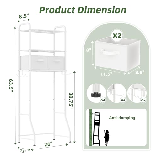 Simple Trending Over The Toilet Storage Rack with Drawers, Metal 3 Tier Bathroom Organizer Shelf with Paper Holder and 3 Hooks, White - style: 3 Tier White-Drawers