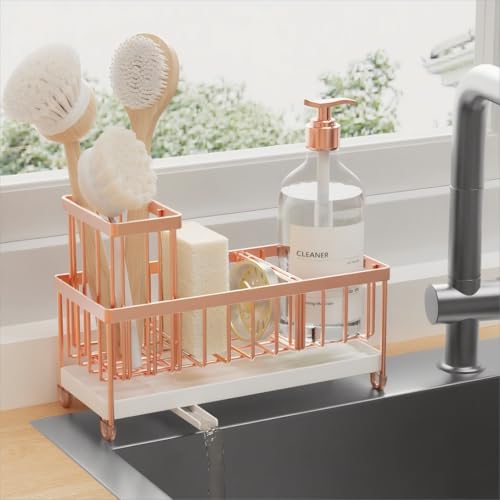 Cisily Sponge Holder for Kitchen Sink, Sink Caddy Organizer with High Brush Holder, Kitchen Countertop Organizers and Storage Essentials, Rustproof 304 Stainless Steel (Rose Gold, 9.25″) - color: Rose Gold