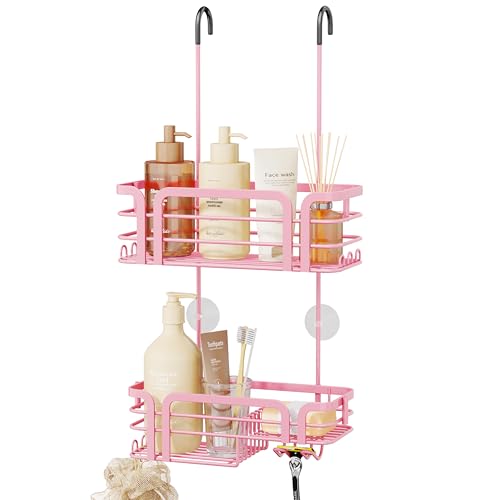 SWTYMIKI Shower Caddy Hanging Organizer - Over the Door Shower Caddy with Soap Holder, 11 Hooks, 2 Installation Ways, Stainless Steel Rustproof Bathroom Organizer, Pink - color: Pink