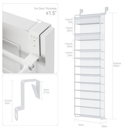 Whitmor 27 Pair Over The Door Shoe Organizer, 11 Tier Hanging Shoe Organizer, Heavy Duty Metal & Mesh Shoe Holder, Hanging Shoe Rack for Closet Organizer & Storage,74.8"L x 21.7"W x 7.5"H, White - color: White, size: Shoe Rack&Organizer